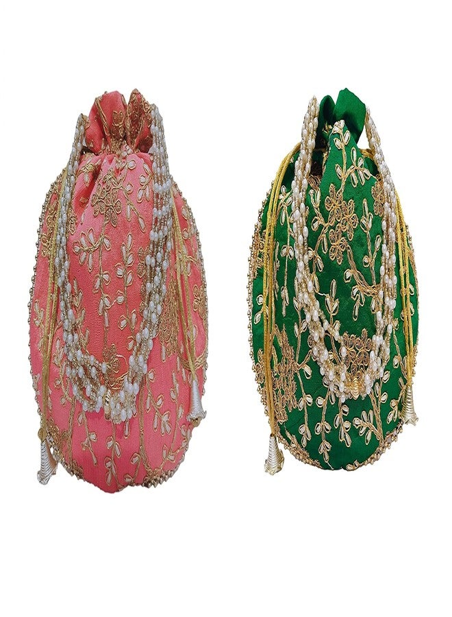 athizay حقيبة athizay Potli (عبوة من 2 Potli) حقائب يد مصممة باللونين الأخضر والوردي Matka || - Image 1